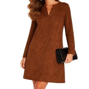 TIBI Brown Faux Suede Shift Dress Long Sleeve Minimalist Size 6